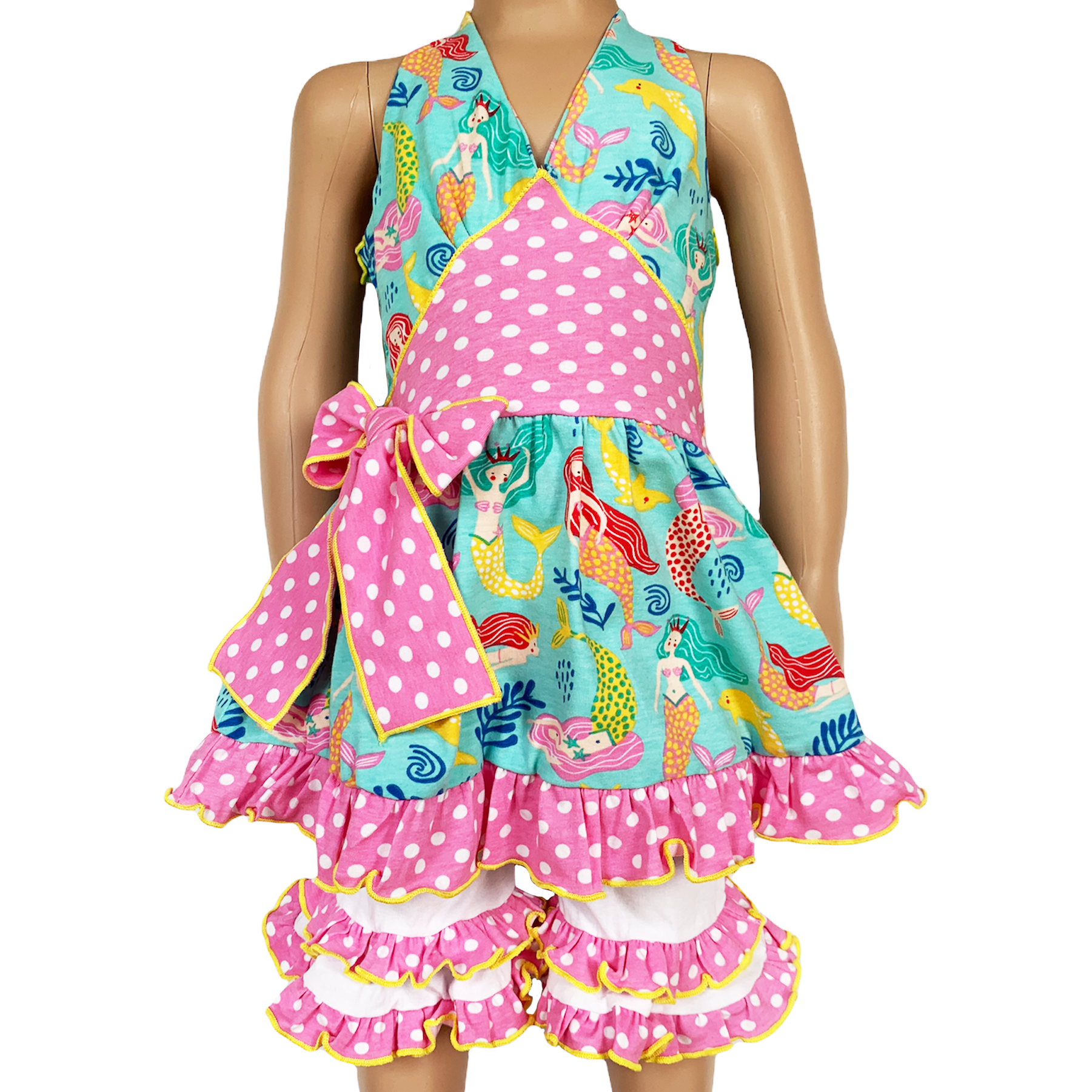 AnnLoren Girls Mermaid Halter Dress featuring a pink polka dot waistband and big bow, paired with white ruffle shorts, perfect for summer wear.